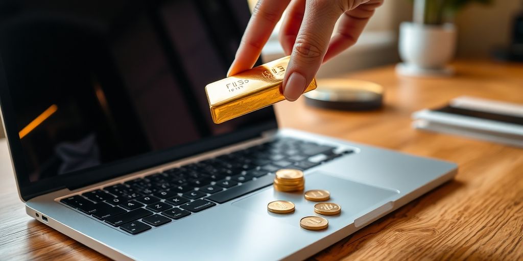 Mains tenant barre d’or brillant devant ordinateur portable sur bureau