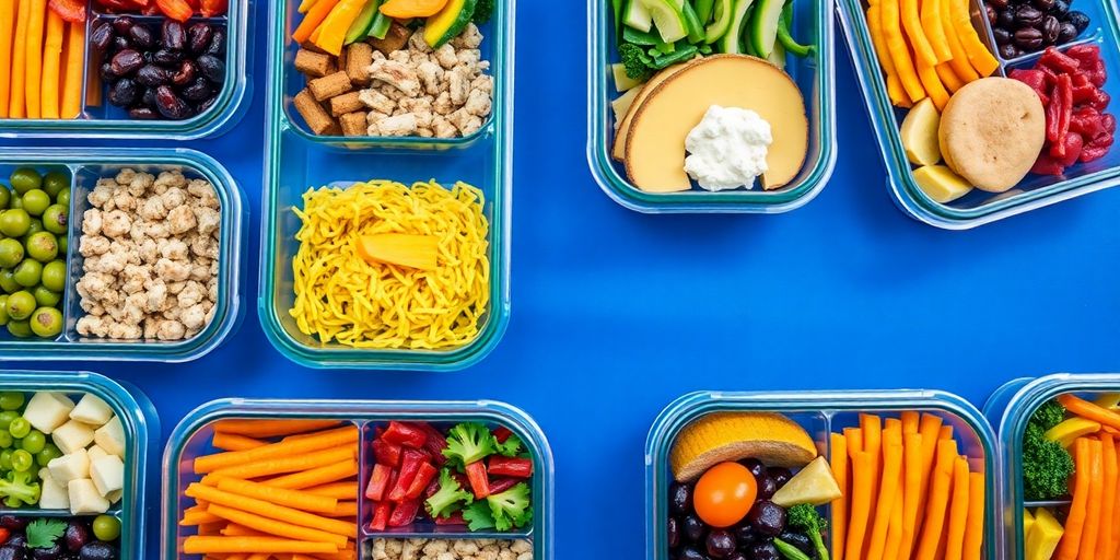 Colorful prepared meals in containers.