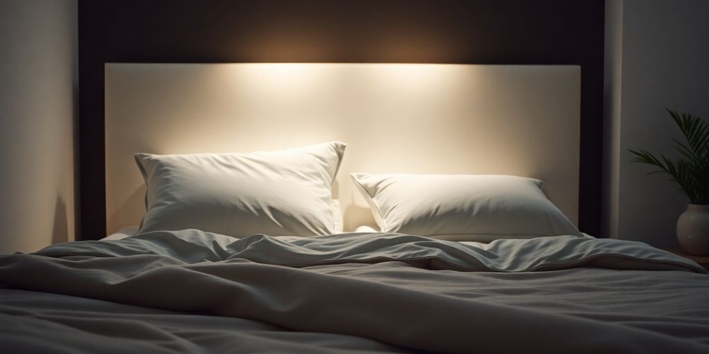 Cozy bedroom with soft lighting and comfortable bedding.