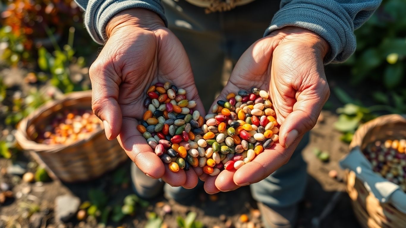 Hände ernten bunte alte Gemüsesamen im Septembergarten