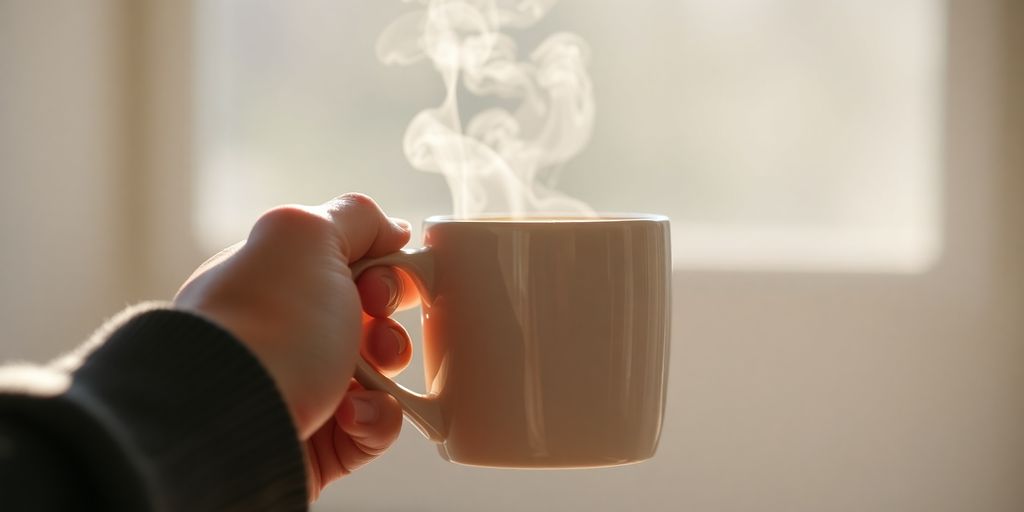 Person with coffee and blurred focus.