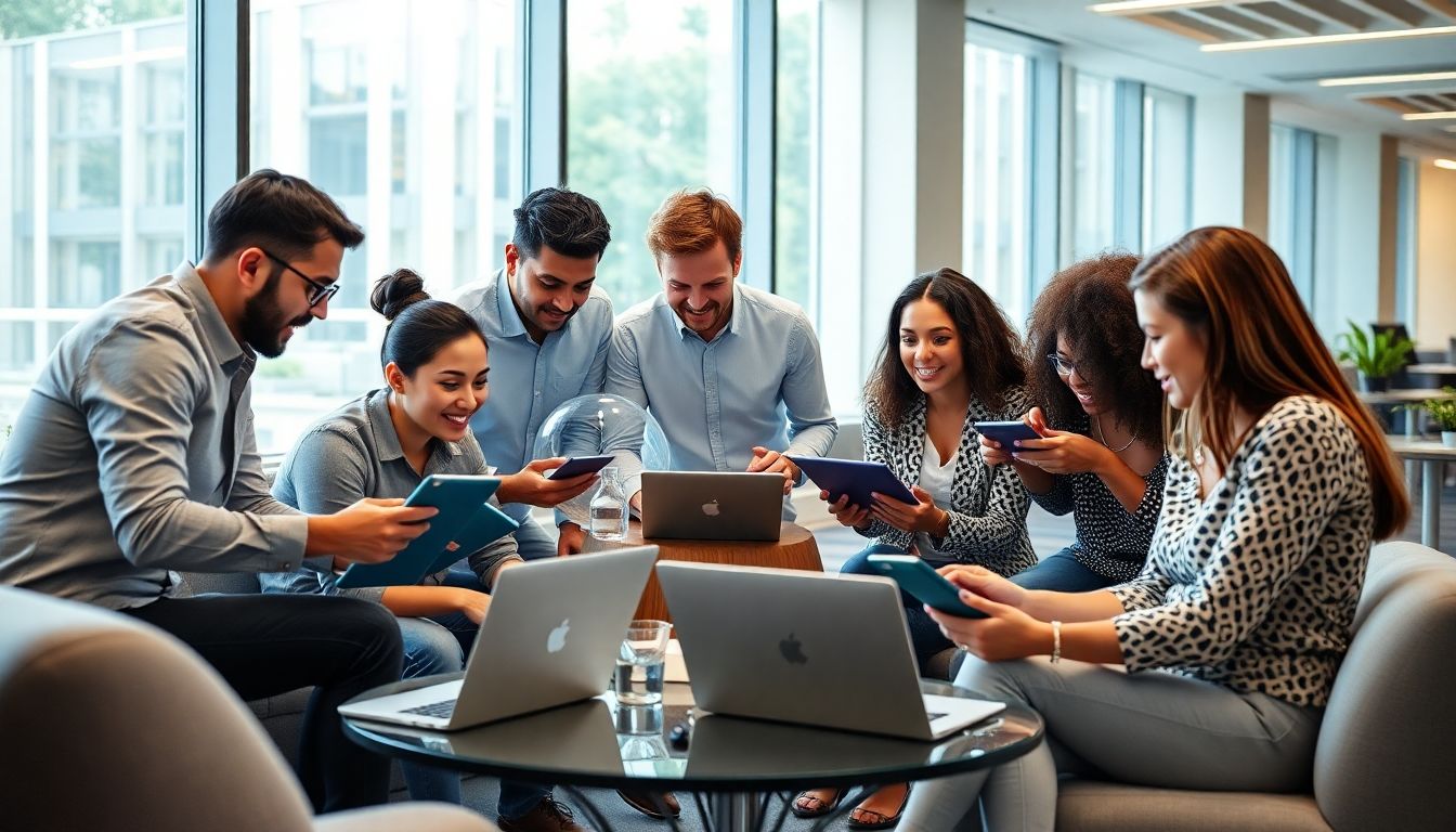 Team collaborating in a modern office with tech devices.