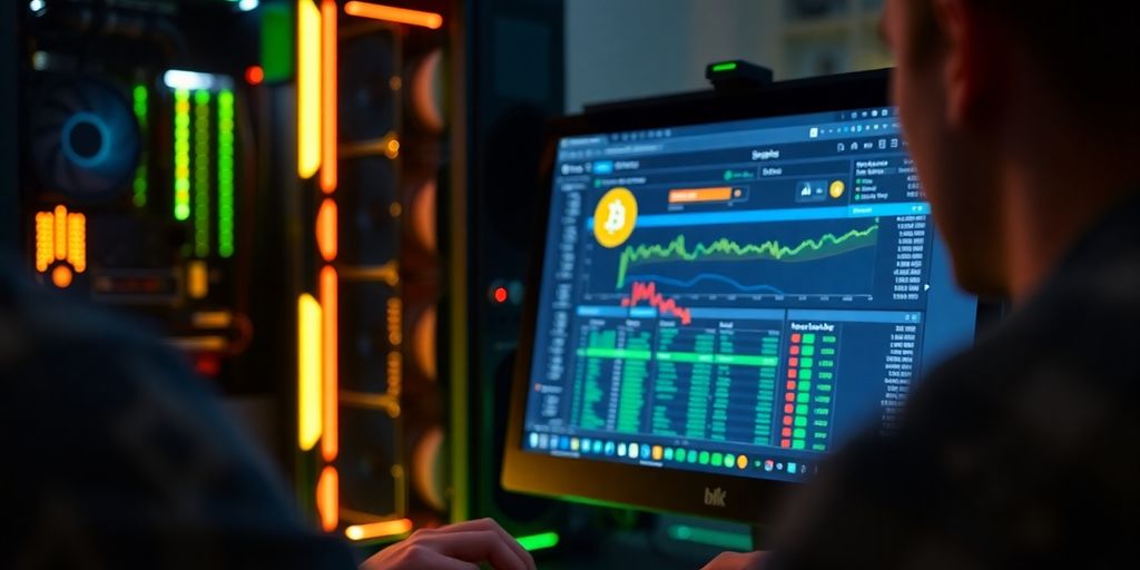 Person mining cryptocurrencies on a computer setup.