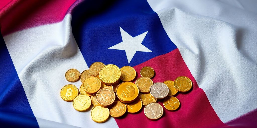 Texas flag with scattered gold and silver coins.