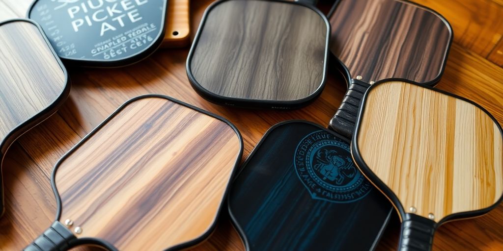 Different pickleball paddles on a wooden table.