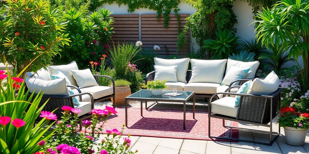 Gartenmöbel-Set mit blühenden Pflanzen und Sonnenschein.