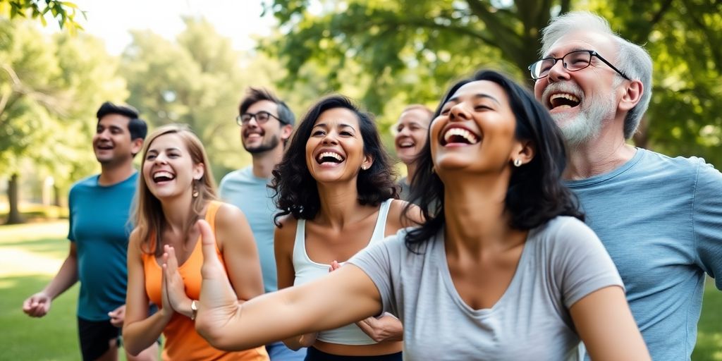 Lachende mensen in yogahouding