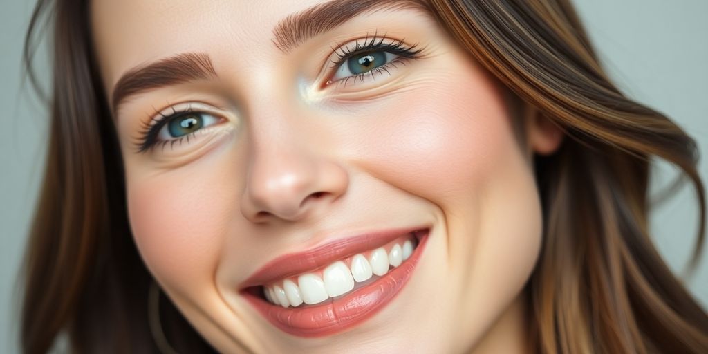 Mulher sorrindo com pele radiante e traços harmonizados.