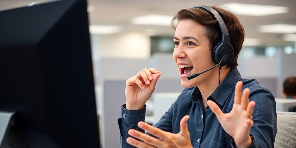 Telemarketer speaking on phone, headset on.