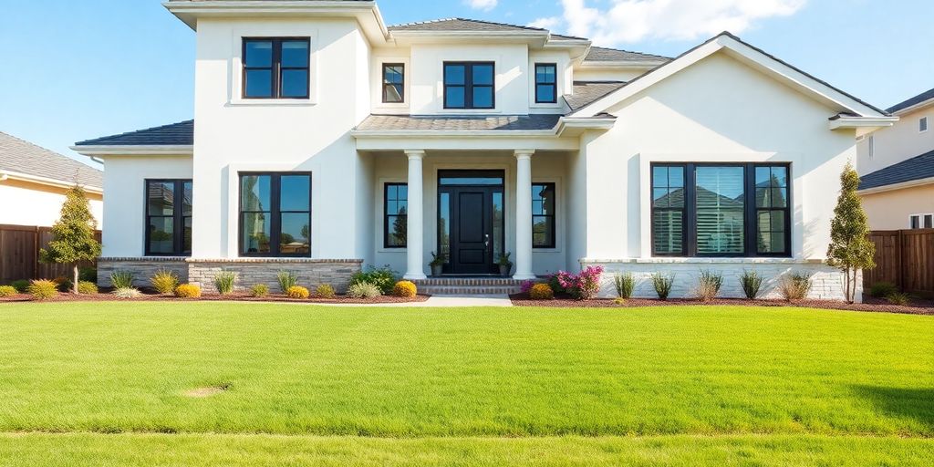Modern home exterior with clean lines and large windows.