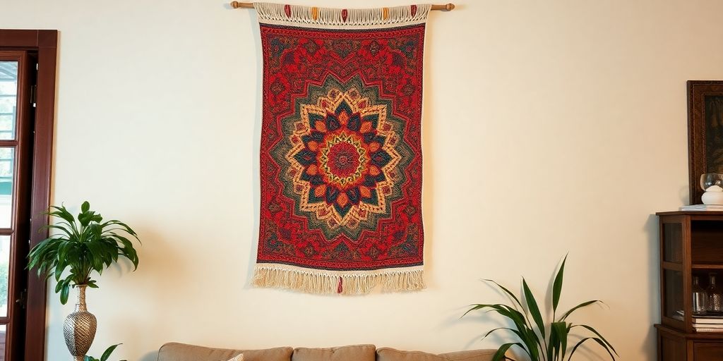 Colorful tapestry on a bright wall enhancing decor.
