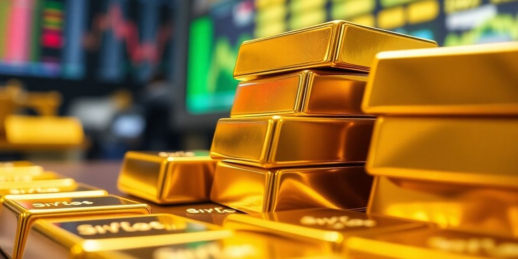 Des barres d'or empilées sur un fond flou.