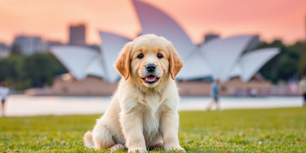 Happy puppy on Sydney lawn, Opera House background.