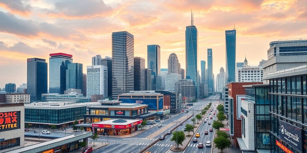 City skyline with modern buildings and active streets.