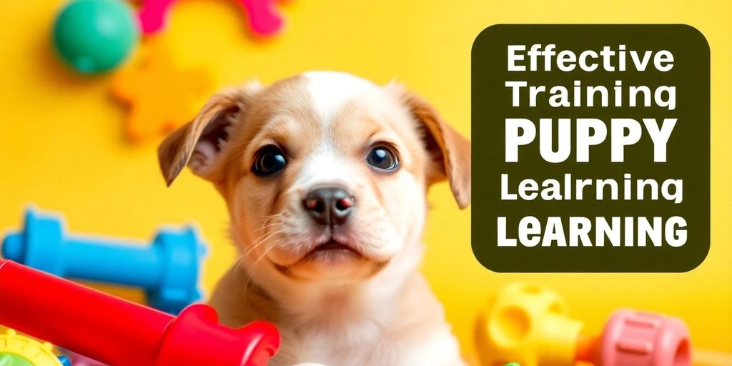 Playful puppy learning its name with colorful toys.