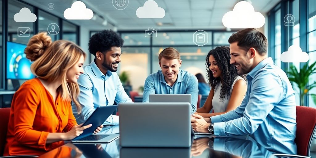 Diverse team collaborating in a modern office with technology.