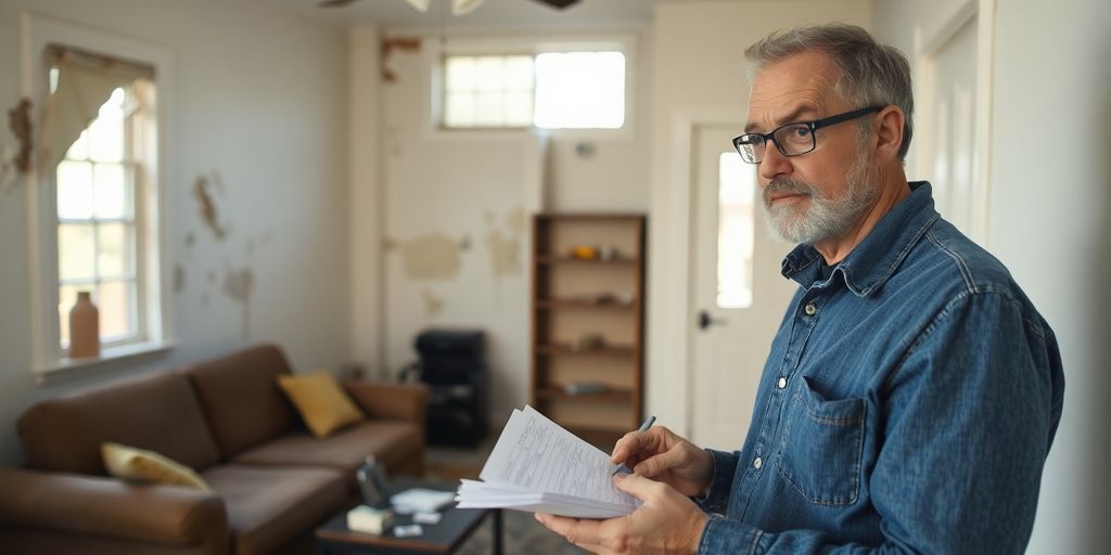Propriétaire inspectant des dégradations dans un logement locatif.