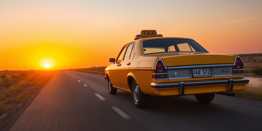 Yellow cab cruising Dallas-Fort Worth highway at sunset.