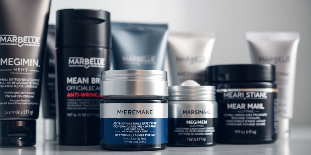 Men's anti-wrinkle creams displayed in a skincare arrangement.