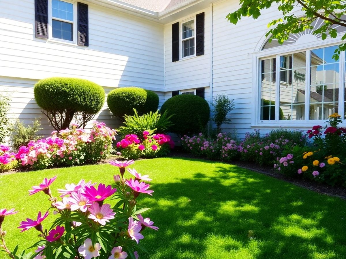 Casă cu grădină luxuriantă în lumina soarelui.