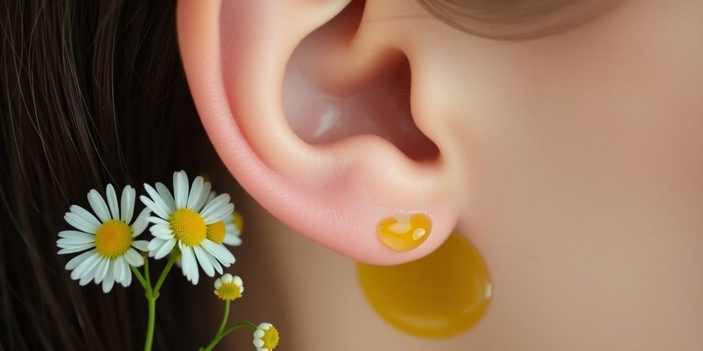 Person gently holding ear with herbs nearby.