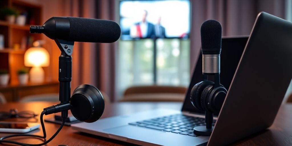 Modern video conferencing setup with quality audio equipment.