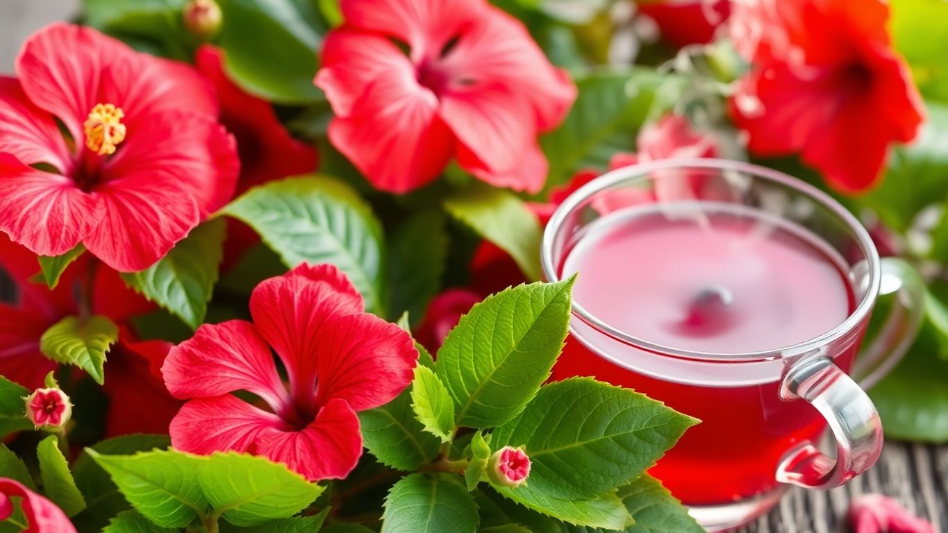 Flores de hibisco e chá em uma xícara.