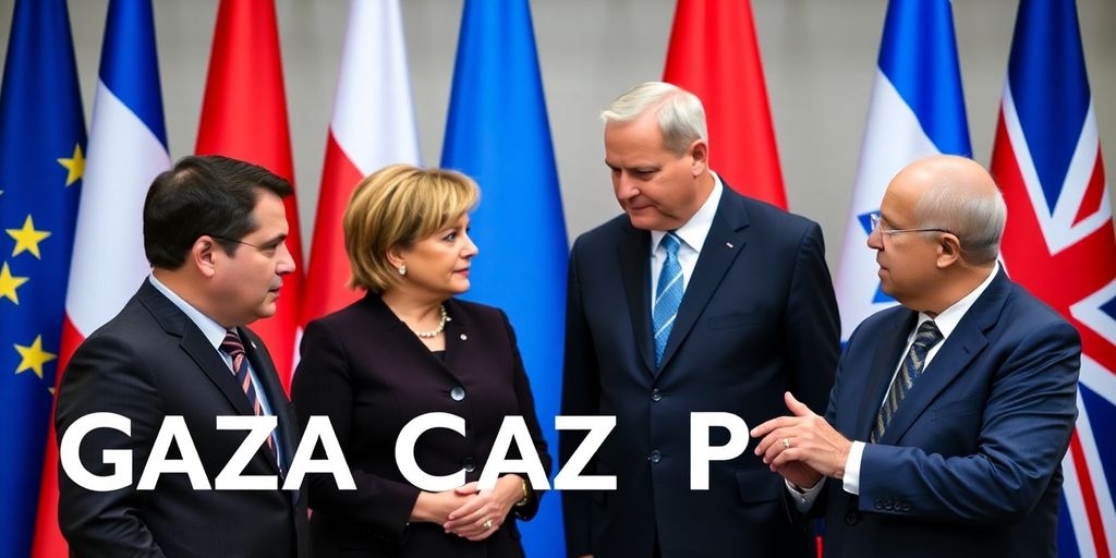European leaders discussing the Gaza initiative in a meeting.