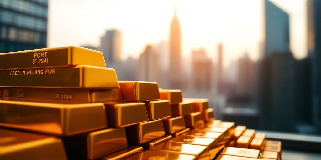 Des barres d'or empilées avec un fond flou.