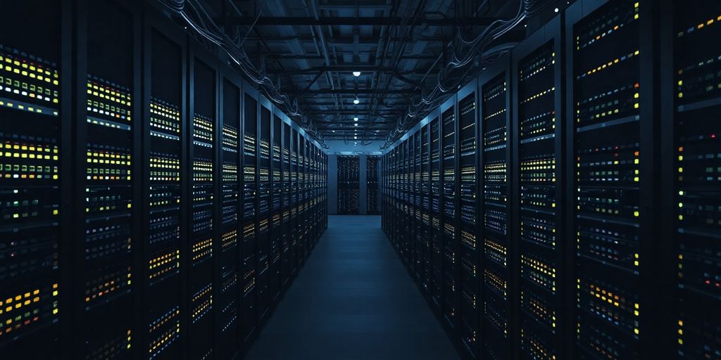 Server racks with glowing lights.