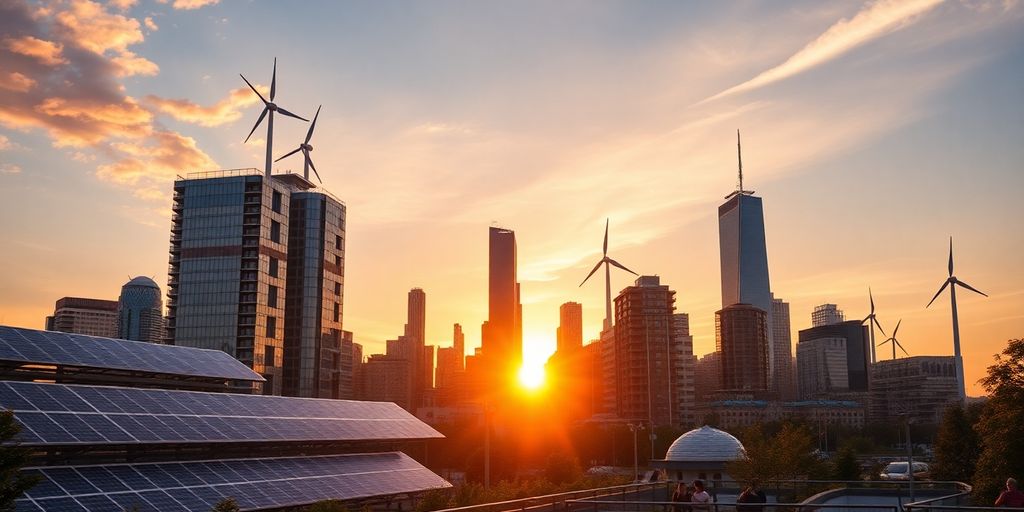 Ville avec panneaux solaires et éoliennes au coucher de soleil.