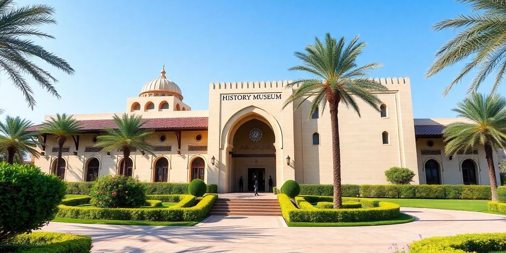Exterior view of Abu Dhabi History Museum with greenery.