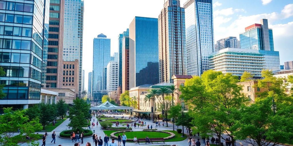 Vibrant Atlanta skyline with engaging community spaces and activities.