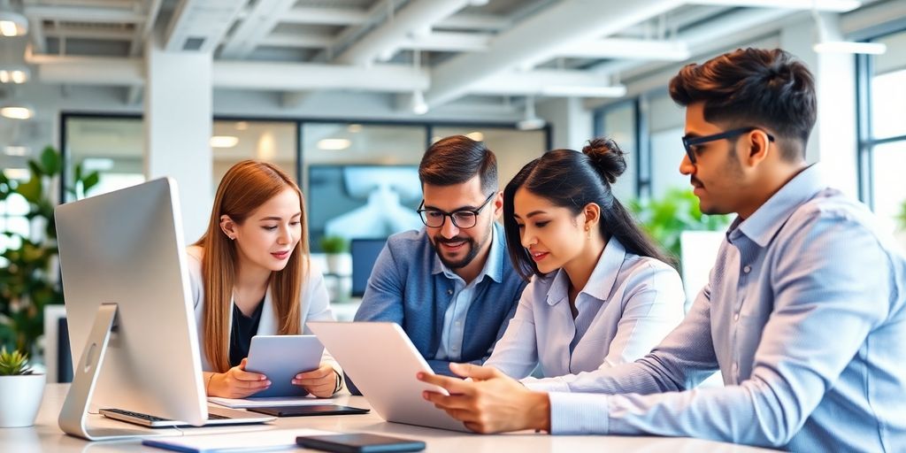 Profissionais de marketing digital em ambiente de escritório moderno.