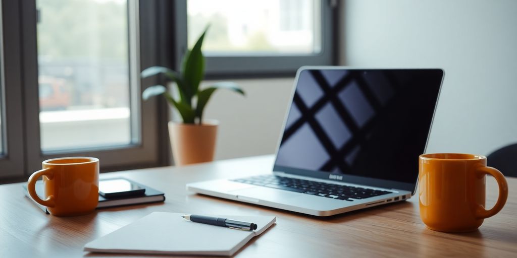 Workspace with laptop, notepad, and coffee cup.