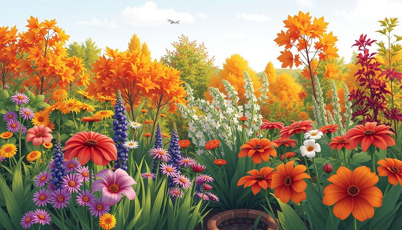 Illustrative garden with autumn colors and transitioning plants