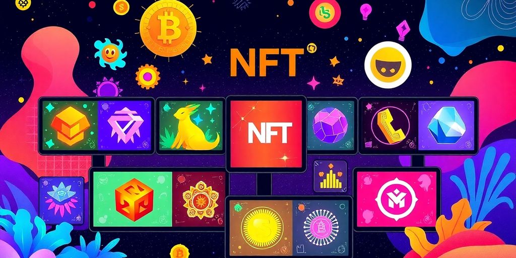 Colorful nfts displayed on digital screens with abstract art.