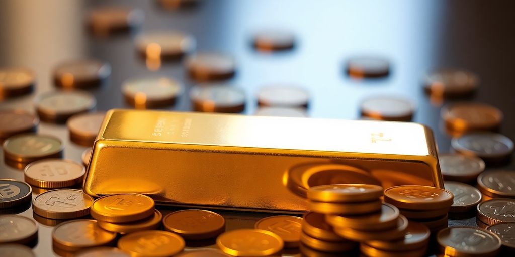 Barre d'or sur une surface réfléchissante avec des pièces.
