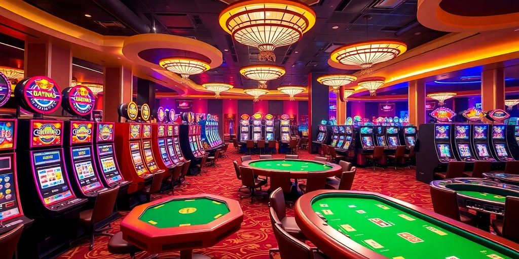 Färgglada spelautomater och underhållande spelbord på casino.