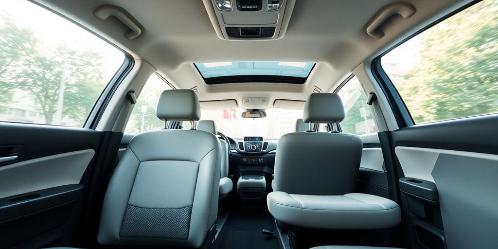 Taxi cab interior with clean seats and safety features.