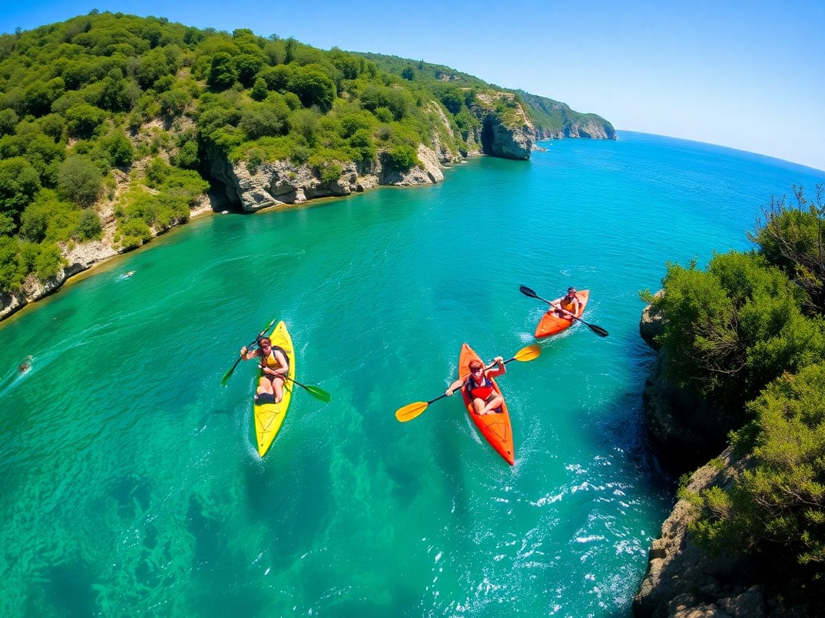 Kayakers competing in scenic waters of Portugal.