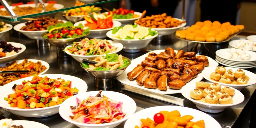 อาหารบุฟเฟ่ต์หลากหลายที่น่าทานในงานเลี้ยง