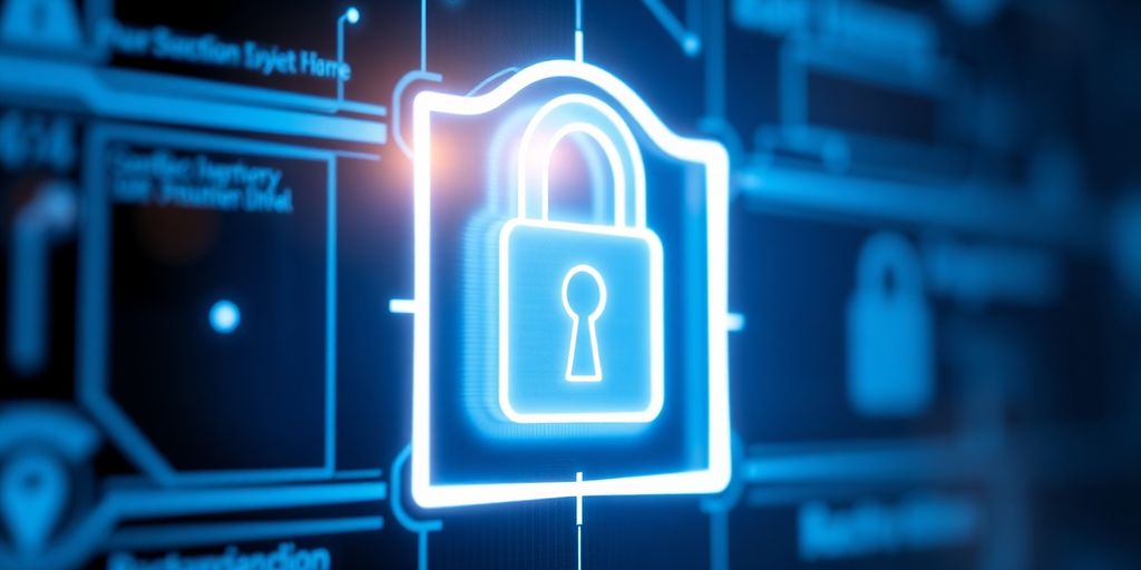 Digital lock glowing with protective shield.