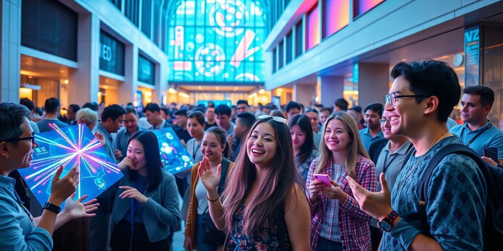 Attendees interacting with futuristic tech.