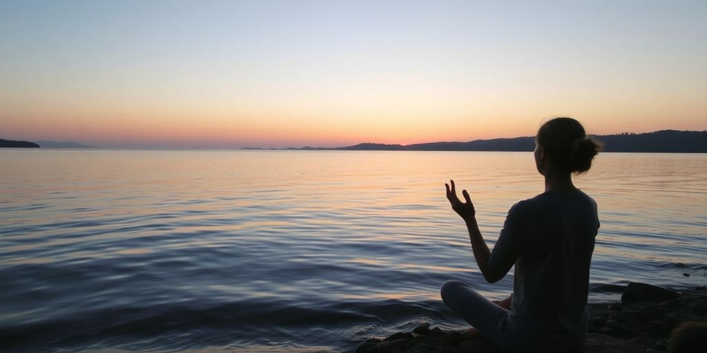 Person meditating peacefully by a tranquil lake at sunset.