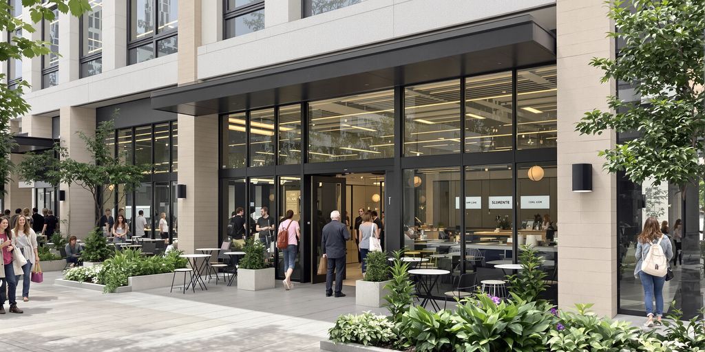 Jenks Market building exterior with people walking.