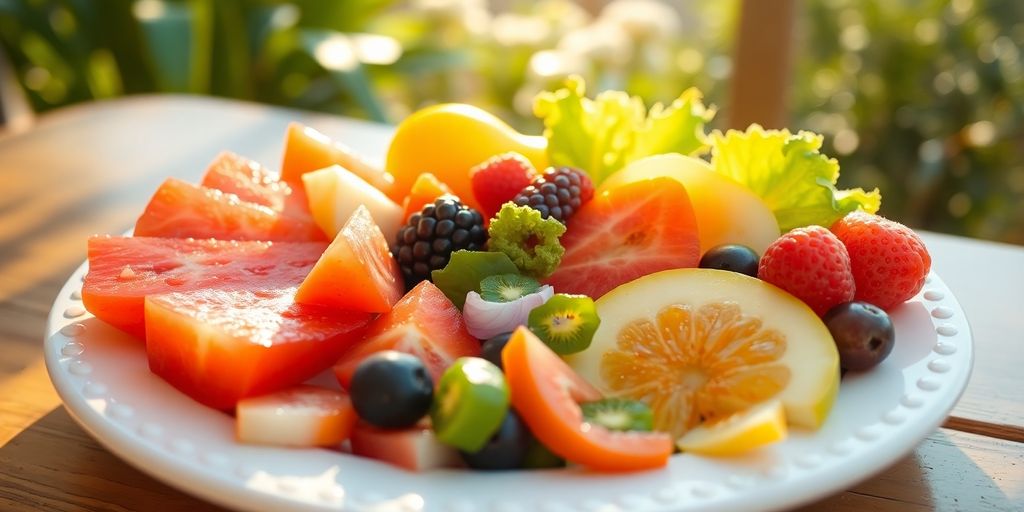 Person enjoying a colorful, fresh meal outdoors.