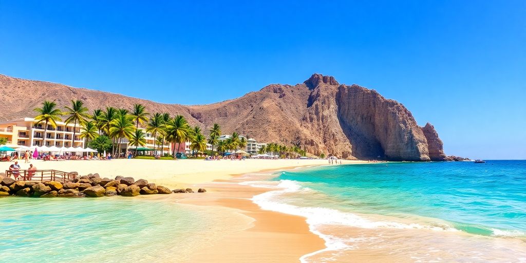 Beachfront resorts and turquoise waters in Cabo San Lucas.