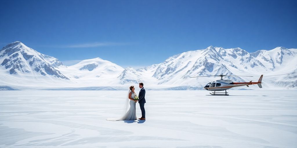 A couple in wedding attire on an Alaskan glacier.