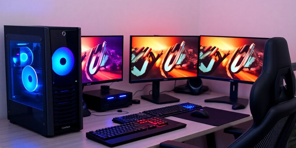 Moderner PC-Arbeitsplatz mit Monitoren und Zubehör.